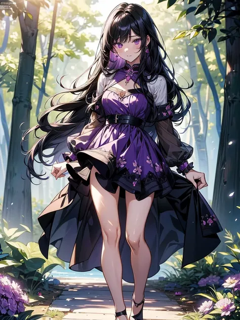 masterpiece, Best Quality , high resolution,Perfect light and shadow,8k wallpaper,illustration, ray tracing, a lovely girl ,black hair,Long straight hair, Purple Eyes,Full body portrait, Magical Girl,mini dress, bikini,Purple Gemstone,forest,stream,Sexy,fl...