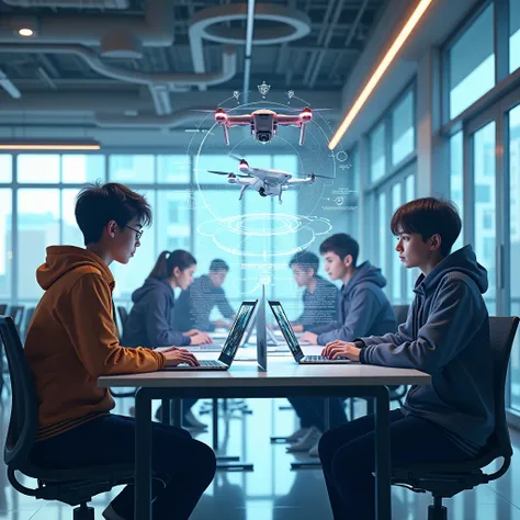 "Design a futuristic setup where youth are working on gadgets like laptops and drones in a modern, well-lit workspace. Add realistic screens and holograms for a tech-savvy feel."