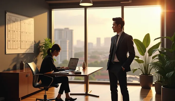 A photorealistic digital artwork of an Asian businessman standing prominently in the foreground of a professional office in Vietnam. The businessman, dressed in a sharp yet approachable style, has a keen and thoughtful expression, clearly observing the act...