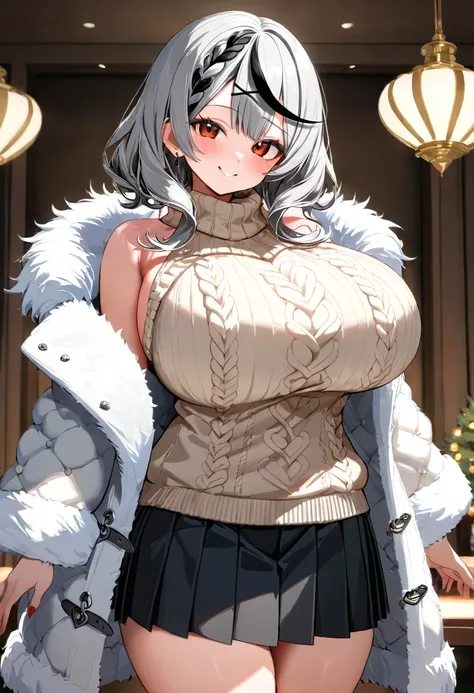 ( top quality  , 8k , masterpiece ),  girl  , young , 1 person , sakamata chloe ,  hololive  , Silver Hair , Big Breasts , smile ,  like heaven ,  red cheeks  , A rich variety of skin tones  , ( fur coat , aran sweater ,  pleated skirt :1.2) , ( huge breas...