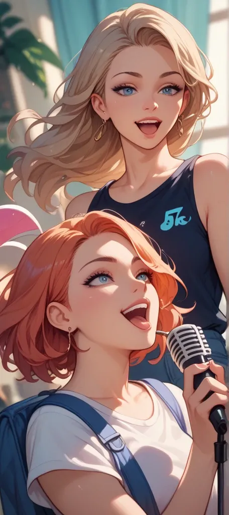 Two girls singing happily