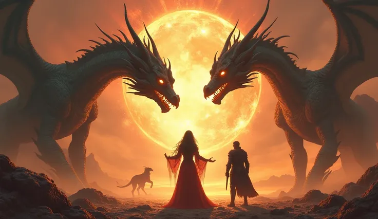 A mystical woman standing beside a human knight, both surrounded by powerful alien dragons circling above in an otherworldly, fiery landscape. The dragons eyes glow with ancient wisdom, while the knight is cautiously watching, sensing the immense power aro...