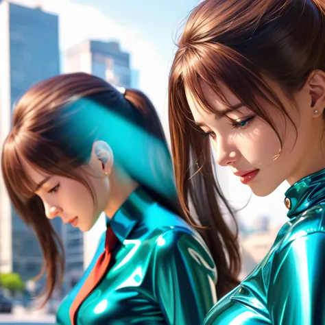 Mother and daughter buttoned in extremely tight shiny turquoise latex blouse, Necktie, ponytail, Bangs,  brown hair , Lens reflection,  reflecting light ,  high resolution ,  masterpiece, in the city 