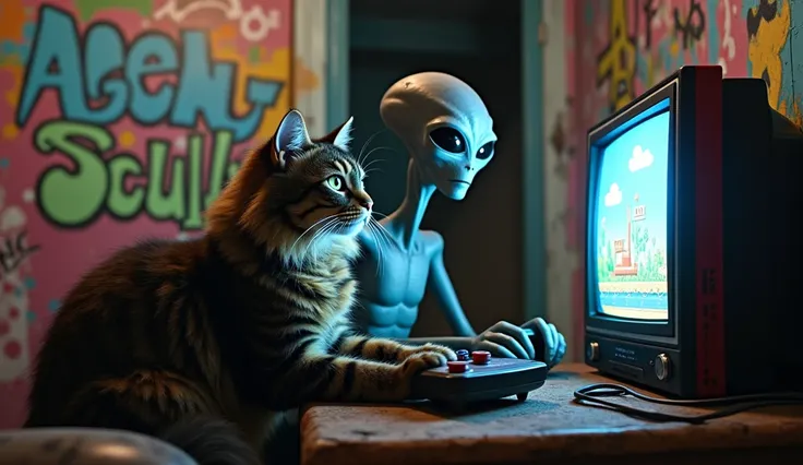 Long hair dark brown tabby Maine Coon cat playing video games with a tall gray alien with big eyes reflecting the tv screen,very detailed, both are holding retro game controllers wired to the console, cat holding game controllers with paws and the tall gra...