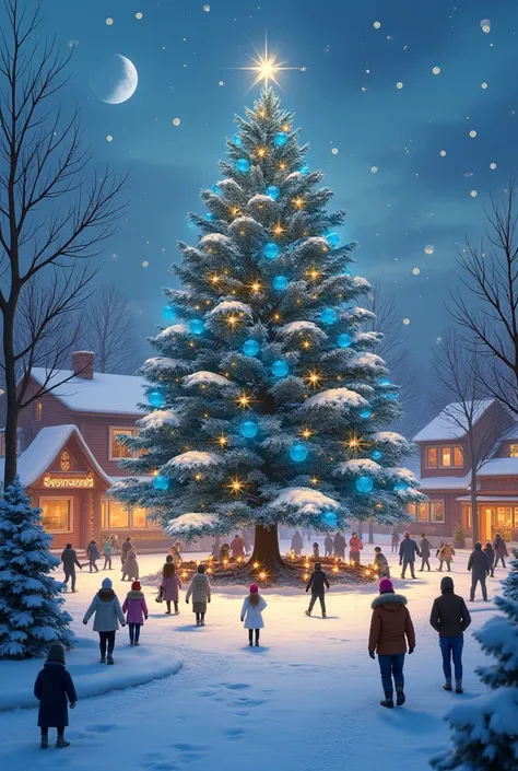 Winter is snowy,  New Years Eve,  The tree is decorated with beautiful blue balls and garlands, ren and adults walk around 