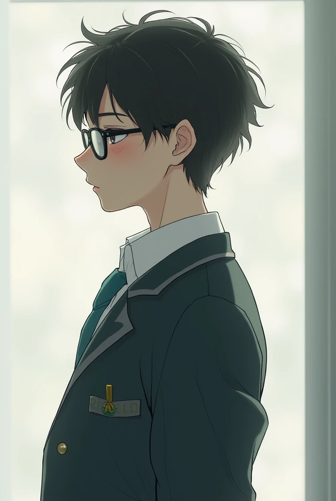 A 21-year-old man with short hair, wearing glasses, wearing a school uniform, looks frail in shape 