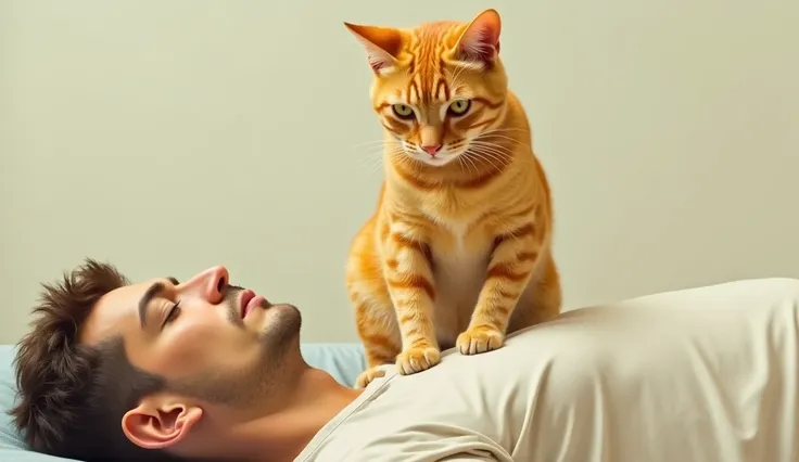 Film image. yellow cat with white.  short hair.  standing on a mans belly and massaging it. staring into the eyes of the man .  The mans face cannot be seen .