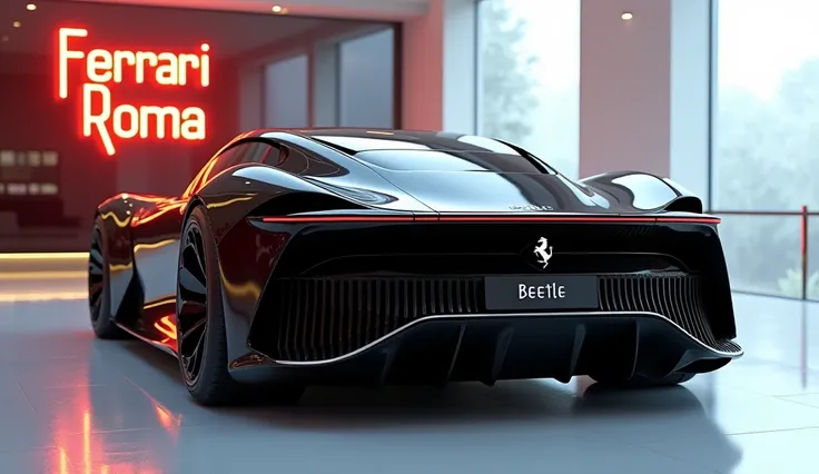 "Create an ultra-detailed 3D render of a modern 2025 ferrari roma with a bold and futuristic design, captured close back  the back. The car features a Gleamy Sky color with a wide, glossy black body. It includes a large, white detailed grille inspired by t...