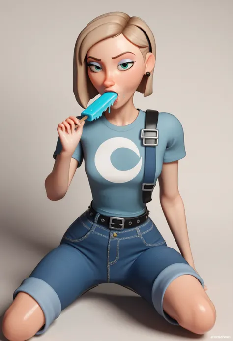 Ana Luna, Pixar style image with 3D character render of a  skinny girl, fullbody on ground, holding an popsicle,  smart face expression smilling, light brown hair, hairtcut above the shoulder, wearing light blue t-shirt and a knee-length denim jumpsuit wit...