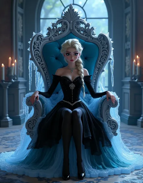 (1 Elsa Disney), sitting on a throne of ice, in a victorian house, black victorian clothes, sad face, short dress, show the shoulders, very beautiful, crystal high heels, black stockings