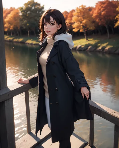 middle-aged english woman standing on a bridge looking over the edge. dawn, autumnal. volumetric light. cold, overcoat. 35mm f/1.8 bokeh, shallow depth of field.