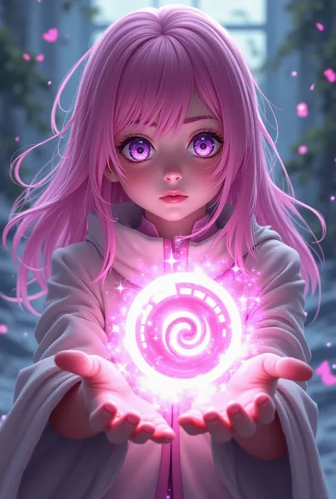 Draw a character of a girl with pink hair and purple eyes with a rotating picture of a jutsu