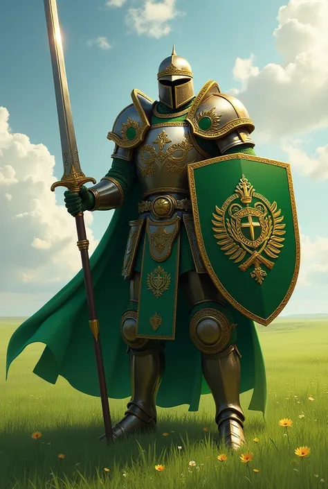  “Guardian of the Green Steppe” is a powerful warrior , Who wears massive armor ,  which is decorated with green and gold decorations ,  reminiscent of the national emblem of Belarus .  In the background there is a wide green plain ,  who has the pristine ...