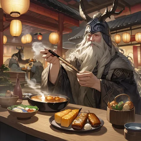 (masterpiece, best quality,ultra-detailed:1.2) ,A humorous and imaginative illustration of Odin, the one-eyed god from Norse mythology, enjoying a traditional Japanese oden meal. He is depicted with his iconic long beard, wearing a Viking-style cloak and a...