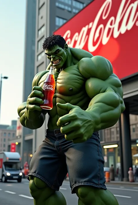 Hulk drinking Coca-Cola on road back side on bill board Coca-Cola ad