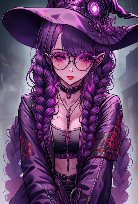 Young female witch wearing glasses, casting a spell, sexy, long braided hair, archive background, cyberpunk