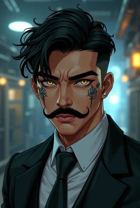  black hair ,  yellow eyes, Arabian skin , moreno,  Young man ,  cyberpunk factory , businessman, ganster, thick moustache , African, Anime style, ritual marks on the skin,  deep look , portrait, Cyberpunk , Cybor details