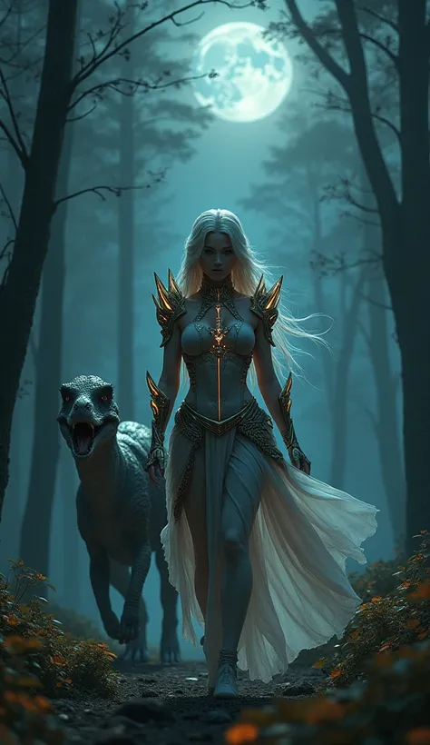 Girl in goddess armor with her mascot Brachiosaurus walking in the dark forest under the moon 