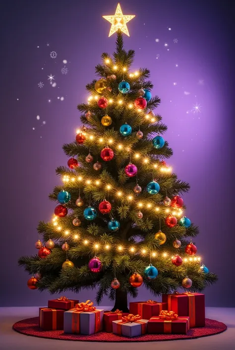  beautifully decorated Christmas tree with colorful glass balls, gold stars and twinkling garlands. In the background there are light snowflakes and a soft glow in a gradient of purple shades, creating a magical atmosphere. At the foot of the tree there ar...