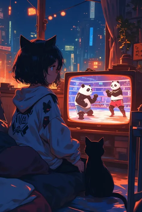 Artwork, animation, 8K quality, theme is "cat ear girl", cat ear girl and black cat are watching TV side by side, panda Muay Thai fighters are shown on TV, girl and black cat drawn from behind, backlit by TV light, warm interior at night