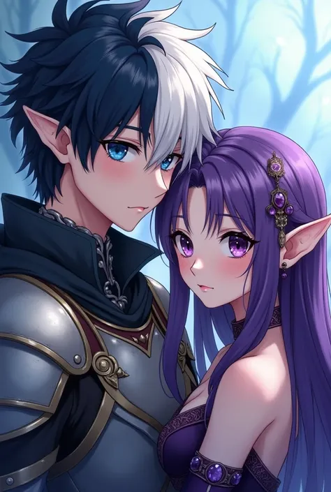 A serious anime teen with half white half black hair. He is a human swordsman with deep blue eyes. he is in light dark armor that comes from an ice dragon. He is with his girlfriend an eldarin elf. She has vibrant purple hair. one eye is vibrant brown the ...