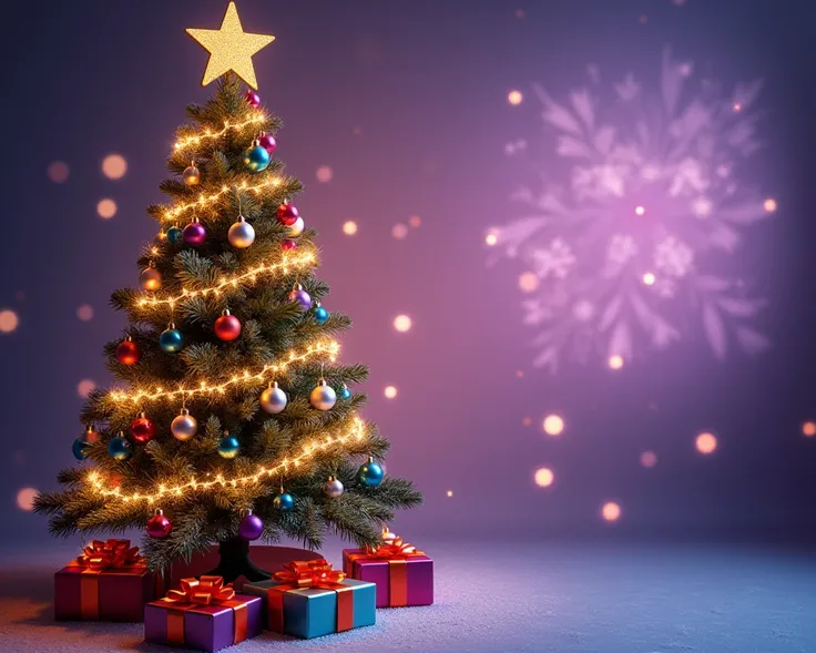  beautifully decorated Christmas tree with colorful glass balls, gold stars and twinkling garlands. In the background there are light snowflakes and a soft glow in a gradient of purple shades, creating a magical atmosphere. At the foot of the tree there ar...