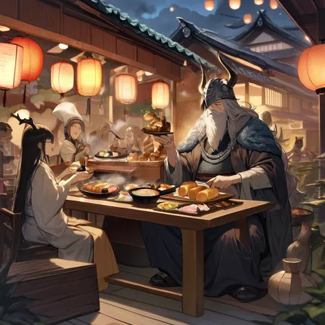 (masterpiece, best quality,ultra-detailed:1.2) ,A humorous and imaginative illustration of Odin, the one-eyed god from Norse mythology, enjoying a traditional Japanese oden meal. He is depicted with his iconic long beard, wearing a Viking-style cloak and a...