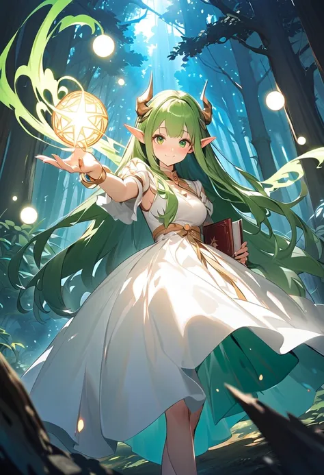 1 girl, (cute face), elf, (long hair), (pointed ears), (bright green eyes), medium breasts, slim, (wearing a flowing magical gown), knee length, (sparkling accents), 
BREAK 
magical academy, enchanted forest background, (holding a spellbook:1.2), (casting ...