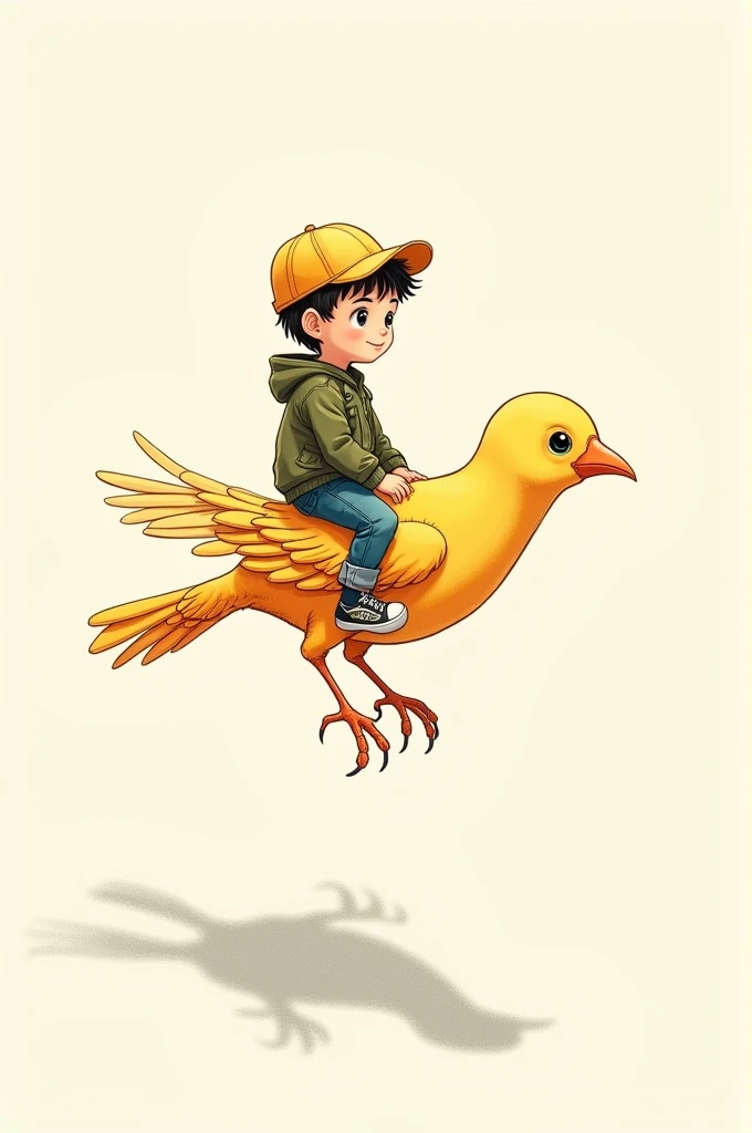 drawing of a young boy with a backwards old yellow baseball cap, olive green military jacket, blue denim pants, sneakers riding a large bird. Flying canary is an orange line sketch drawing with detailed wings, tail, feet, shadow