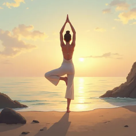  A serene yoga session at sunrise, with a person performing a tree pose by the sea