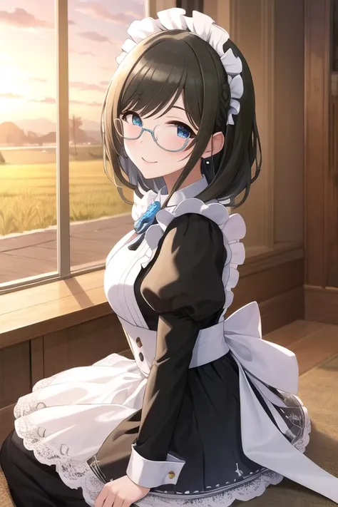 masterpiece,  top quality ,  high res,  idolmaster,  Single Hair Bang, Maid headdress, side lock, glass, frills, brooch, Maid,  black dress,  puffy sleeves,  Long Sleeve , Maid apron,  white apron,  sitting, On the floor, Field, sunset, smile,Glasses