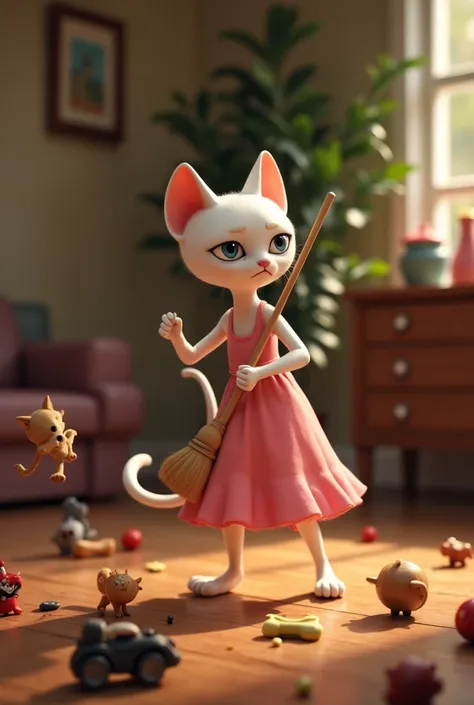 A slim white cat wearing a pink dress angrily picks up a broom and sweeps up toys that have fallen to the floor in the living room.