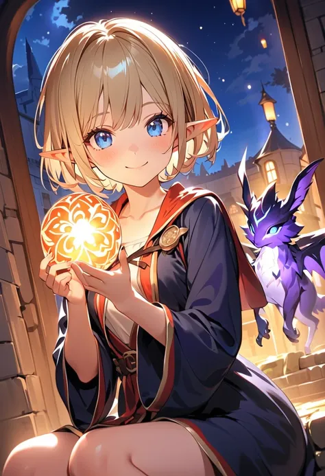 1 girl, (cute face), elf, (short hair), (bright blue eyes), small breasts, slim, (wearing a stylish mage outfit), above knee length, (decorative patterns), 
BREAK 
magical academy courtyard, ancient stone buildings, (interacting with magical creatures:1.2)...