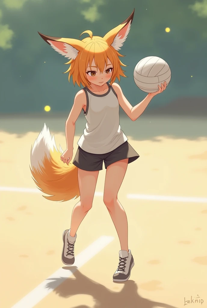 Make me a picture of a shy slim fox girl playing valey ball