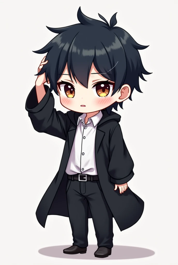 Make a dark haired, white-skinned chibi-like anime character in a black robe, white shirt and black pants where you scratch your head when youre nervous. 