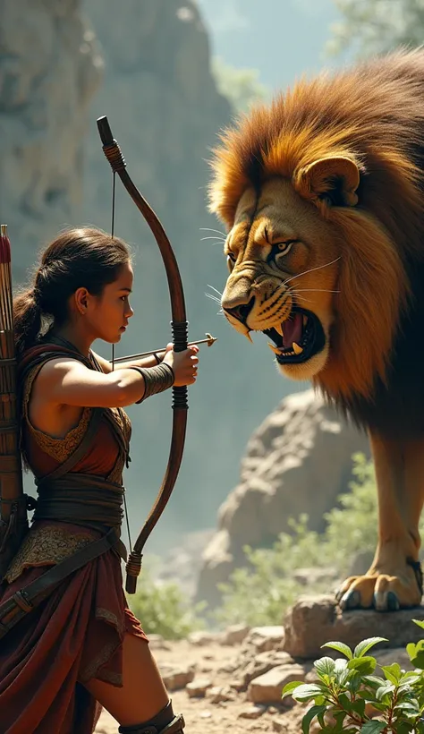 While others hesitated, Aria grabbed her bow and arrows and attacked the Angry lion and the bow is hunt the lion