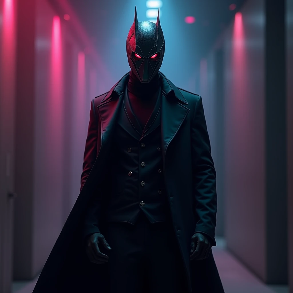 
A mysterious and intimidating figure wearing a sleek black geometric mask with sharp angular lines, reflecting a metallic sheen. The figure is dressed in a dark, fitted trench coat with a high collar, standing in a dimly lit room with dramatic shadows and...