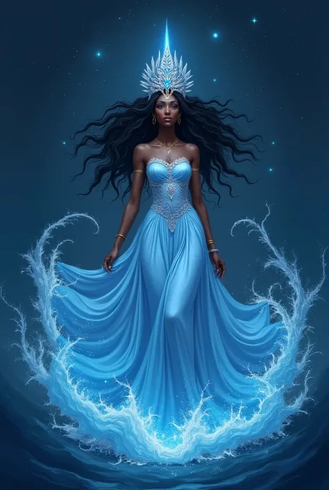 An Orixá  ,   probably Iemanjá  ,   goddess of the waters in the Afro-Brazilian religion Candomblé  .   She is portrayed with dark skin  ,   wearing a long light blue dress and a silver crown  .   The dress is fluid and seems to be floating in dark blue wa...