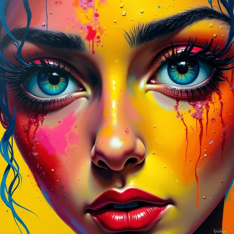 A close-up of a vibrant, abstract, and expressive female face, painted in bold, vivid colors like red, yellow, blue, and orange. The focus is on piercing, expressive eyes with intense details, surrounded by dynamic brushstrokes and splashes of color. The f...