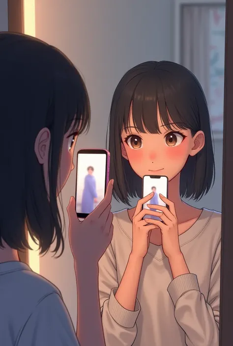 1 girls are posing in front of the mirror using the cell phones in their hands.