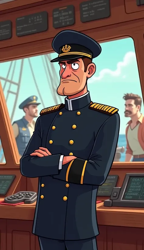 The captain, with a serious face, preparing to address the passengers. All images cartoon type.