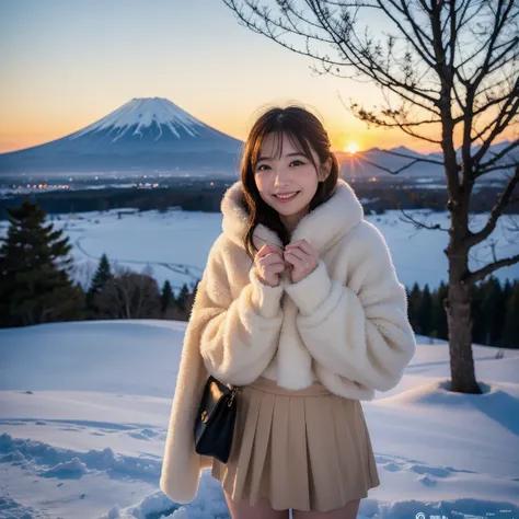 First sunrise of the year,The sun rises from Mt. Fuji,( top quality ,4K, high res,masterpiece:1.2), Ultra Details, realistic,( NFFS, NFFS), girl , Beige Fluffy Coat , Beige Wool Gloves , Navy Blue Mini Pleated Skirt,snow,smile, eye contact, Portrait , brig...