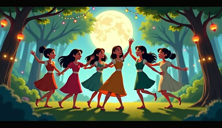 Elif and her friends , dancing in the forest on the full moon ;  they are having a celebration full of lights shining around.  Here is an example of true friendship and loving .  Draw realistic in animation style .