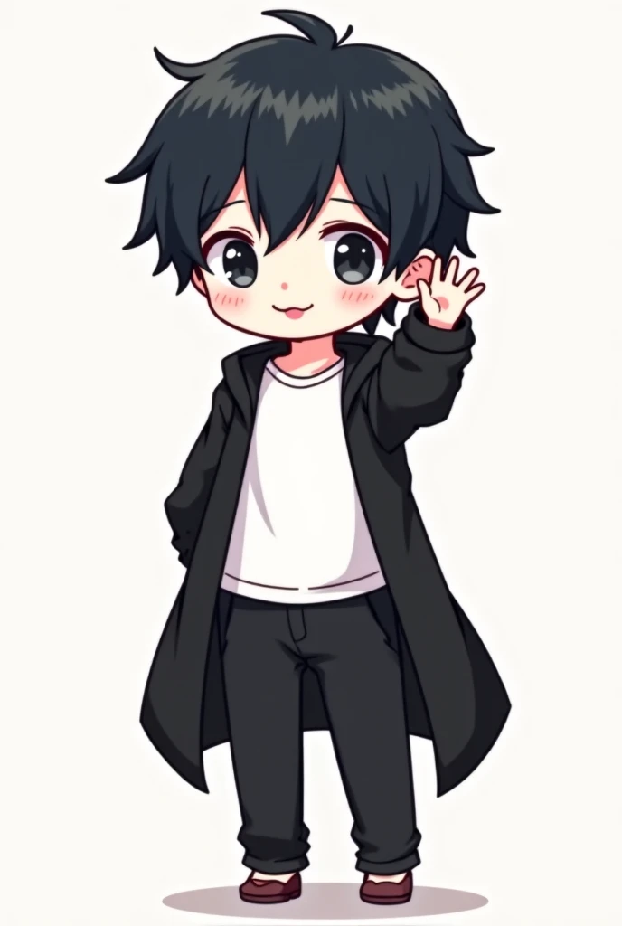 Make a dark haired, white-skinned chibi-style anime character wearing a black robe, white t-shirt and black pants where he says goodbye with his hand up. 