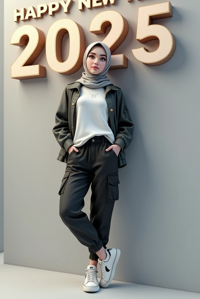 A 20-year-old woman beauty hijab with his back to the wall leaning on one of his legs, one of his hands is in his pocket, is wearing white Nick sneakers, black cargo pants white t-shirt with jacket on top, your eyes are greenish and your skin is white, hav...