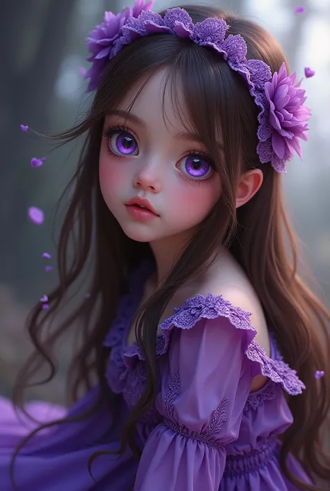 Girl with Purple eyes and purple outfit with long brown hair with cute accessories 