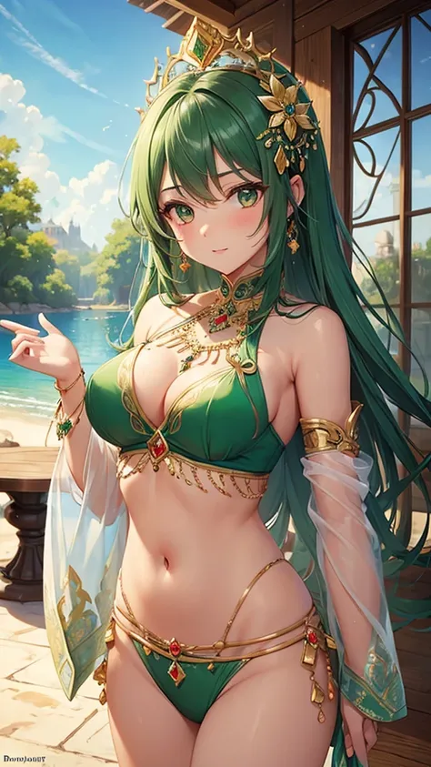 ((masterpiece)),(( top quality )),(( high detail)), Oru Beauty , Dancer,  belly dance,  tanned skin ,  emerald, Delicate decoration,  hair ornament,  Medieval Tavern