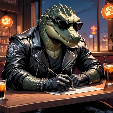 Closeup, Cartoon of an extremely badass anthropomorphic crocodile wearing an insanely cool black leather Harley Davidson biker jacket open, black shirt, black leather biker gloves, black leather biker pants, black sunglasses, giving it a cool, edgy appeara...