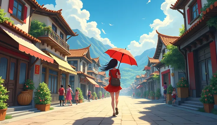 Rüzgarlı bir kasabada,  bustling streets and a scene where Elena walks with her glowing red umbrella in her hand.  A sunny day in a windy town and a beautiful view of the town in the foreground .  Draw realistic in animation style .