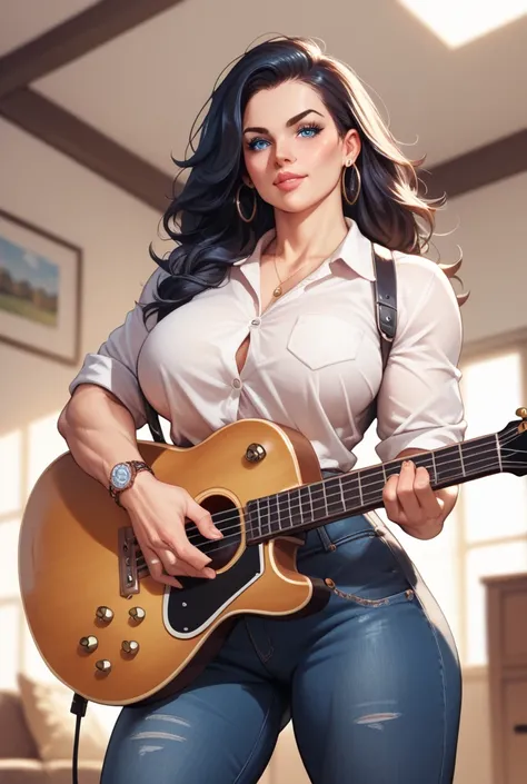 A fat big muscle  farmer swit girl big (boobs large boobs) black  tall hair blue eyes playing guitar 